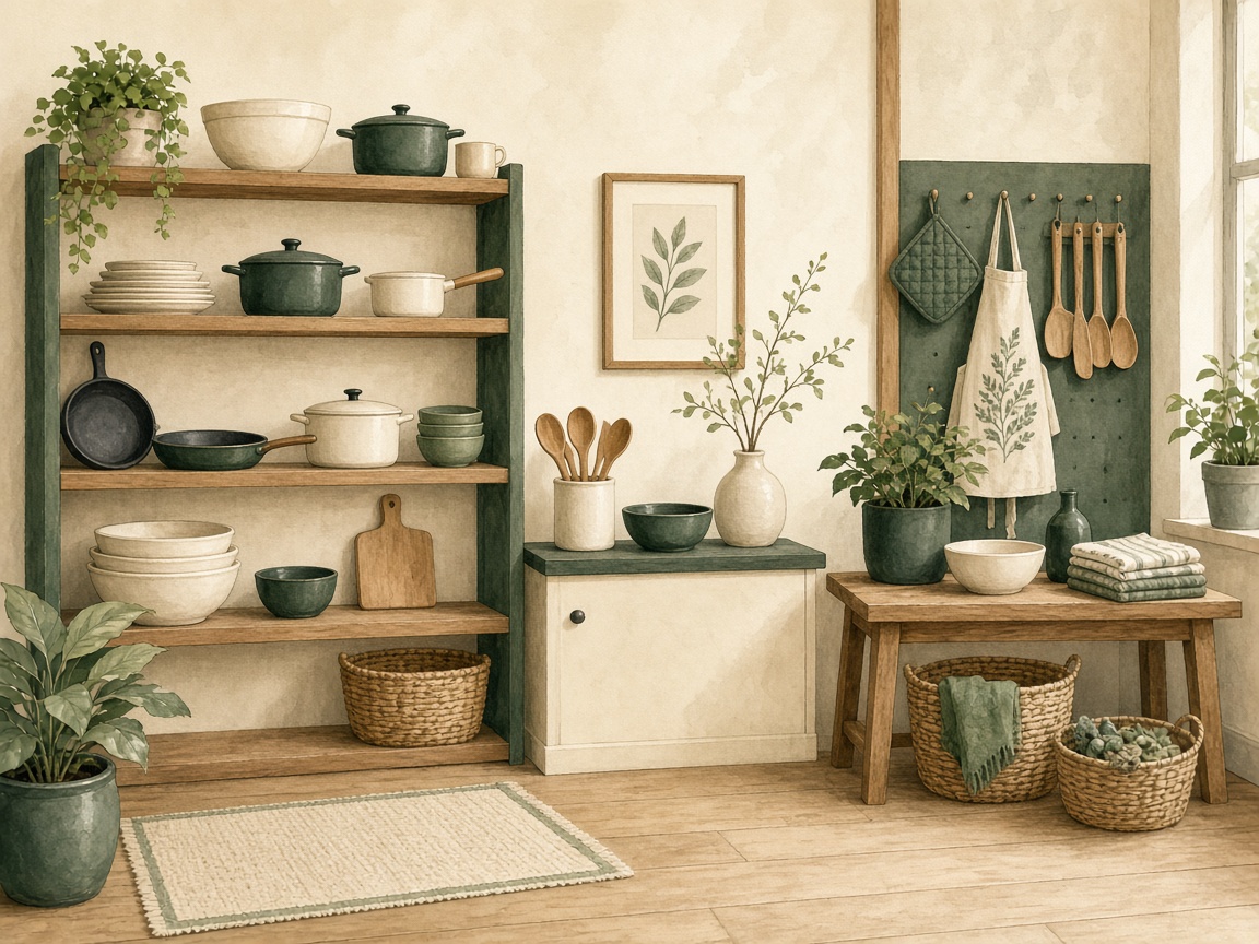 Soft illustration of a kitchen shop interior with cookware on open shelves