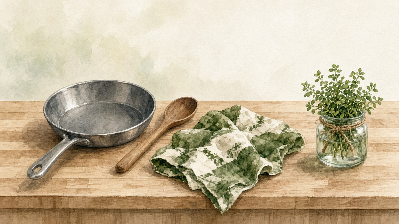 Soft illustration of a skillet, wooden spoon, linen, and herb jar on a cream kitchen counter