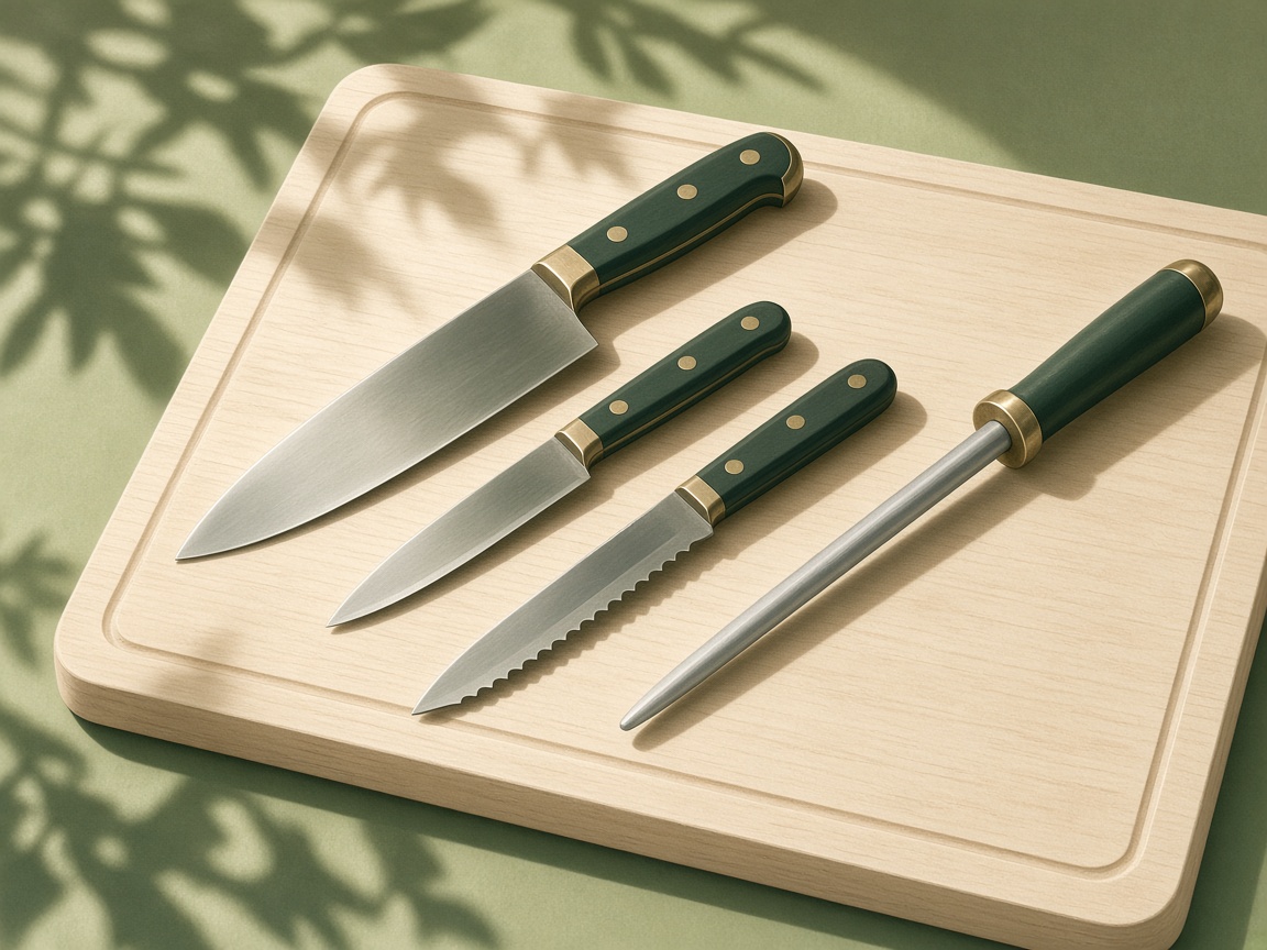 Illustrated knife set and honing steel on a cutting board